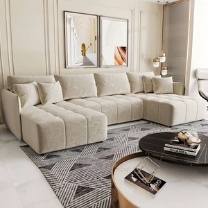 Narożnik z funkcją spania Oroso U beżowy pojemnik na pościel miękka tkanina typu velvet z powłoką hydrofobową ozdobne pikowania