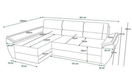 Narożnik z funkcją spania Fogu III zielony lewostronny stylowy narożnik z podłokietnikami pojemnik na pościel sztruksowa tkanina