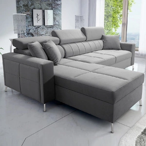 Narożnik z funkcją spania Nausa szary lewostronny velvet stylowy komfortowy narożnik regulowane zagłówki pojemnik na pościel