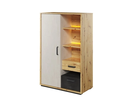 Zestaw mebli Qubic dąb artisan / raw steel / silk flou modny zestaw mebli o oryginalnym designie bryły z subtelnym oświetleniem LED