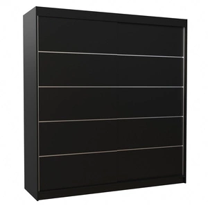 Szafa przesuwna Esteva 200 cm czarna praktyczna i pojemna szafa do sypialni fronty wykończone poziomymi srebrnymi listwami