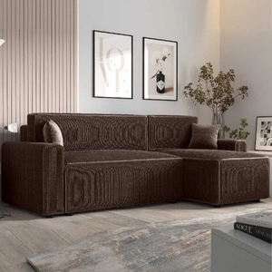 Narożnik z funkcją spania Brandon Bis brązowy prawostronny trójwymiarowa tkanina o wyrazistych prążkach pojemnik na pościel