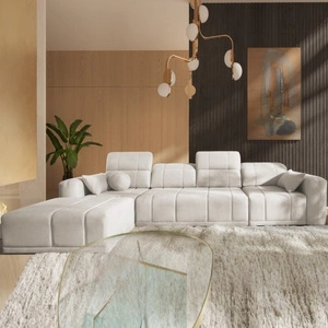 Narożnik z funkcją spania Cetara XII kremowy lewostronny stylowy design komfortowe przesuwane oparcia dwa pojemniki na pościel