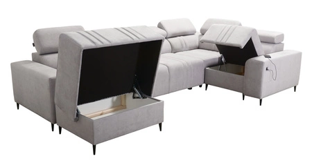 Narożnik z funkcją spania Castel IV brązowy lewostronny stylowy narożnik z pojemnikami na pościel i regulowanymi zagłówkami