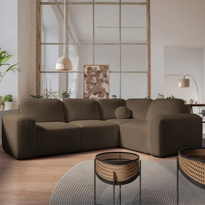 Narożnik z funkcją spania Arbon II brązowy prawostronny stylowe wzornictwo charakterystyczny obły kształt pojemnik na pościel