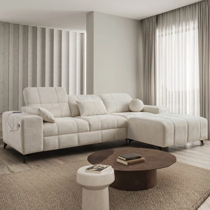 Narożnik z funkcją spania Penejos kremowy prawostronny elegancki narożnik z pojemnikiem na pościel komfortowe regulowane zagłówki