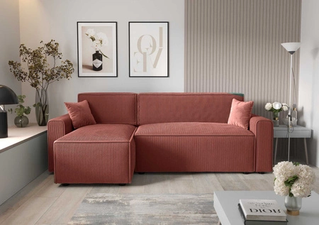 Narożnik z funkcją spania Brandon Bis indyjski róż lewostronny trójwymiarowa tkanina o wyrazistych prążkach pojemnik na pościel