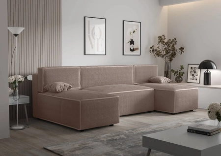 Narożnik z funkcją spania Brandon U jasny brąz pojemnik na pościel trójwymiarowa tkanina o wyrazistych prążkach