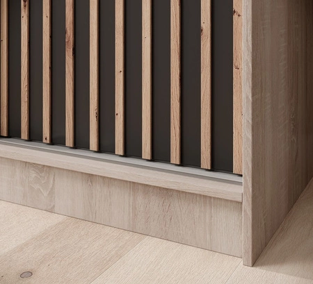 Szafa przesuwna z lustrem Ida 200 cm dąb sonoma jasny / czarny stylowe lamele zdobiące drzwi szafy wnętrze wyposażone w pojemne szuflady