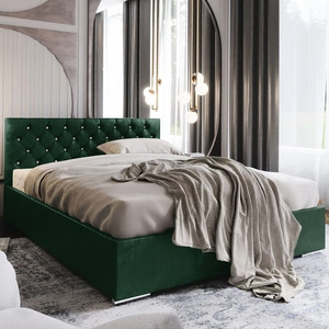 Łóżko tapicerowane Bauru 140x200 butelkowa zieleń z pojemnikiem w nowoczesnym skandynawskim stylu z pikowanym zagłówkiem z kryształkami
