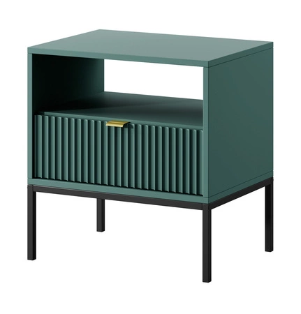 Szafka nocna z szufladą Lovro pastelowy zielony gustowny ryflowany dekor idealna szafka do sypialni złoty uchwyt krawędziowy