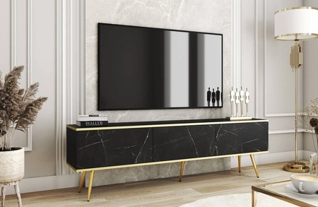 Szafka RTV Luxury 175 cm czarny marmur elegancki design korpus zwieńczony złotą listwą szafka wsparta na złotych metalowych nogach