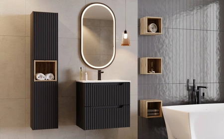 Szafka pod umywalkę Nova 60 cm czarna stylowe subtelne pionowe ryflowania podkreślają elegancję szafki z szufladami frezowane uchwyty