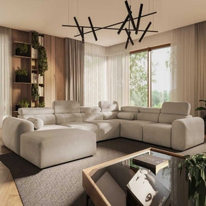 Narożnik z funkcją spania Cantare VIII beżowy lewostronny gustowny narożnik z regulowanymi zagłówkami pojemniki na pościel