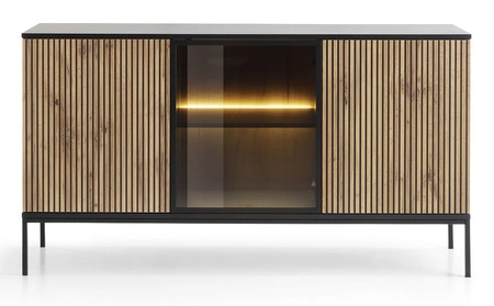 Komoda Amma 154 cm czarny / dąb wotan nietuzinkowy design przeszklony front komody z systemem push to open dekoracyjne lamele