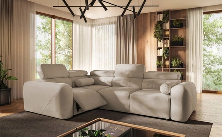 Narożnik z funkcją spania Cantare II Lux beżowy lewostronny komfortowy narożnik do salonu z podnoszonym podnóżkiem miękka tkanina