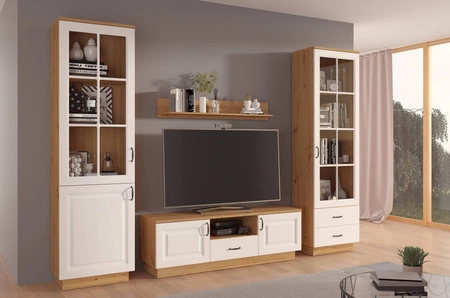 Witryna Scandi 60 cm dąb artisan / biały klasyczny design bezpieczne szkło hartowane stylowe frezowane fronty metalowe uchwyty