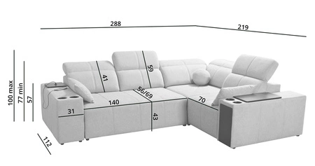 Narożnik z funkcją spania Tesalia II niebieski prawostronny komfortowy narożnik do salonu z przesuwanym oparciem pojemnik na pościel