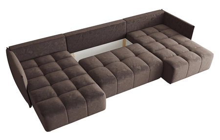 Narożnik z funkcją spania Oroso U jasny brąz pojemnik na pościel miękka tkanina typu velvet z powłoką hydrofobową ozdobne pikowania