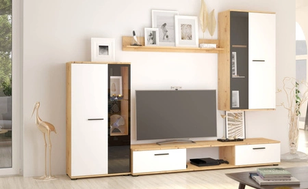 Meblościanka Senja dąb artisan / biała nowoczesny design witryna stojąca i wisząca półki z bezpiecznego szkła hartowanego