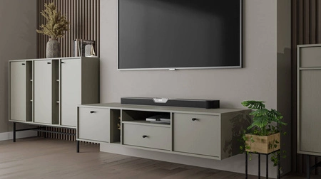 Szafka RTV wisząca Kioto IV 180 cm eukaliptus elegancka szafka w stonowanej kolorystyce subtelne uchwyty w kolorze czarnym