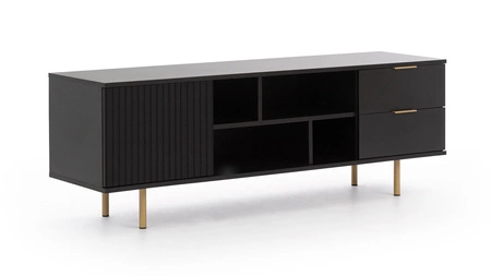 Zestaw mebli Sula czarny meblościanka do salonu wzbogacona o metalowe uchwyty ozdobne ryflowane fronty system push to open