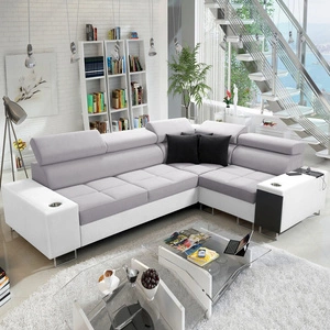 Narożnik z funkcją spania Dafni II szary popiel / biały prawostronny pleciony narożnik z pojemnikiem na pościel szuflada w boczku