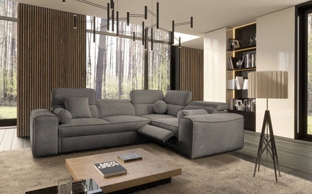 Narożnik z funkcją spania Viano II Lux szary prawostronny designerski narożnik do salonu z komfortowym wysuwanym podnóżkiem