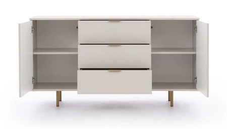 Komoda z szufladami Sula 150 cm beżowa elegancka i funkcjonalna komoda z ozdobnymi ryflowanymi frontami i metalowymi uchwytami