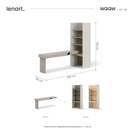 Biurko z regałem Woow 253 cm clay grey / szampański / eukaliptus lewe ergonomiczne biurko z szufladami regał z oświetleniem LED