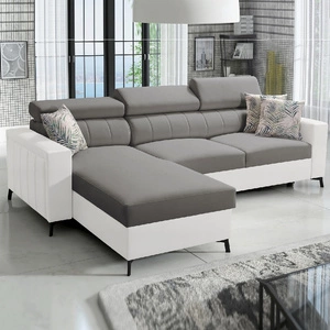 Narożnik z funkcją spania Savona szary / biały lewostronny elegancki narożnik z regulowanymi zagłówkami dekoracyjne przeszycia