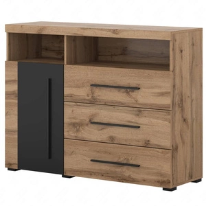 Komoda z szufladami Roger 121 cm dąb wotan / czarny nowoczesna stylistyka komody wzbogacona o stylowe czarne dodatki idealna do salonu sypialni