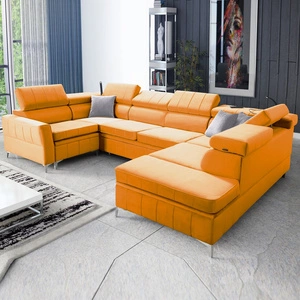 Narożnik z funkcją spania Rava V żółty prawostronny komfortowy narożnik z pojemnikami na pościel oraz wielofunkcyjną lampką