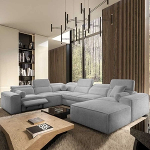 Narożnik z funkcją spania Viano VIII Lux jasny szary prawostronny designerski narożnik z wysuwanym podnóżkiem pojemniki na pościel