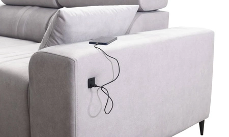 Narożnik z funkcją spania Castel VII szary popiel lewostronny stylowy narożnik z pojemnikiem na pościel i regulowanymi zagłówkami