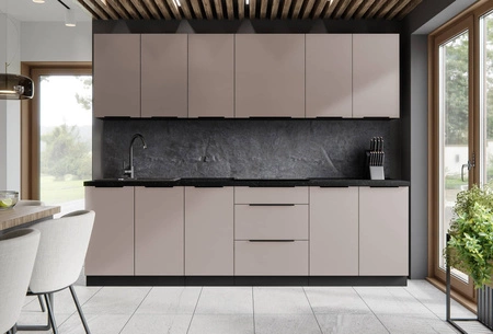 Zestaw mebli kuchennych Tarraco 260 cm metalowe uchwyty krawędziowe szafki doskonale prezentują się w nowoczesnych wnętrzach