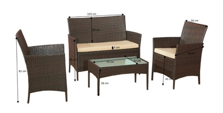 Zestaw mebli ogrodowych Comodo brązowy stylowy design gustowny komplet mebli z sofą i stolikiem do przydomowej strefy wypoczynku