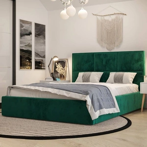 Łóżko tapicerowane Hestia 140x200 z pojemnikiem butelkowa zieleń w nowoczesnym skandynawskim stylu z wygodnym zagłówkiem