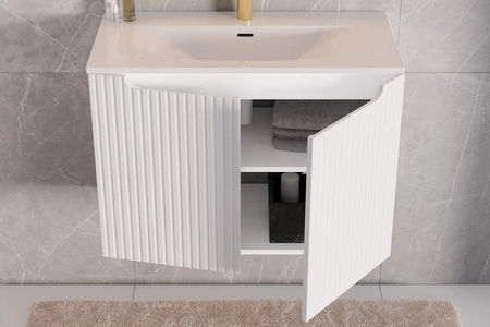 Szafka pod umywalkę Nova 60 cm biała designerska szafka do łazienki z półką nietuzinkowe pionowe ryflowanie na frontach