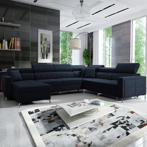 Narożnik z funkcją spania Nausa VII granatowy lewostronny elegancki narożnik do salonu wykonany z miękkiej tkaniny typu velvet