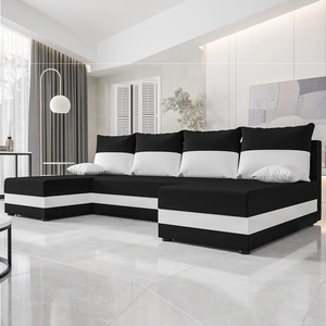 Narożnik z funkcją spania Bowers U czarny / biały narożnik z pojemnikiem na pościel gwarancja komfortu i funkcjonalności