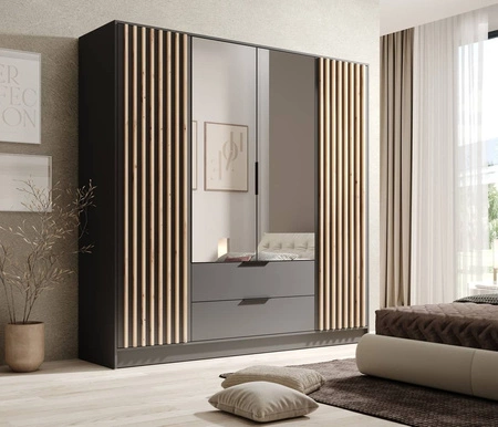 Szafa z lustrem Neri 200 cm grafitowa stylowe lamele zdobiące drzwi szafy pojemne szuflady uchwyty krawędziowe