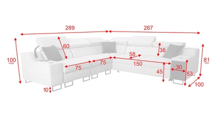 Narożnik z funkcją spania Alcamo III szary popiel lewostronny funkcjonalny narożnik z szufladą w boczku dwa pojemniki na pościel