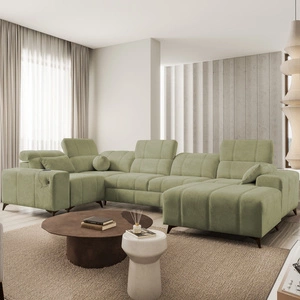 Narożnik z funkcją spania Penejos IV oliwkowy prawostronny stylowy narożnik rozkładany z dwoma pojemnikami na pościel trwała tkanina