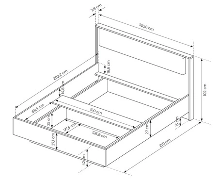 Łóżko Baltic 160x200 cm z pojemnikiem na pościel dąb baltic / czarny komfortowe łóżko do sypialni częściowo tapicerowany zagłówek