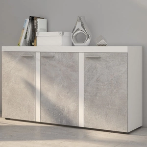 Komoda Rene 149 cm biała / jasny beton nowoczesne kształty komody w wyjątkowej stylizacji obrzeża wykończone specjalną okleiną