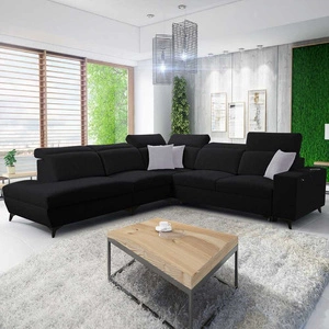 Narożnik z funkcją spania Kelly Sleek IX czarny lewostronny elegancki narożnik z wygodnymi podłokietnikami i regulowanymi zagłówkami