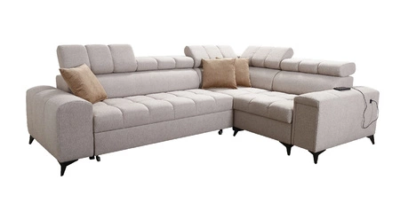 Narożnik z funkcją spania Bolmso II grafitowy prawostronny narożnik z pojemnikiem na pościel szuflada z pełnym wysuwem w boczku mebla