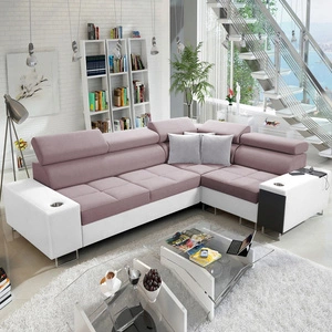 Narożnik z funkcją spania Dafni II lawendowy róż / biały prawostronny pleciony narożnik z pojemnikiem na pościel szuflada w boczku