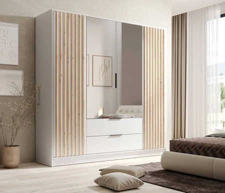 Szafa z lustrem Neri 200 cm biała stylowe lamele zdobiące drzwi szafy pojemne szuflady uchwyty krawędziowe